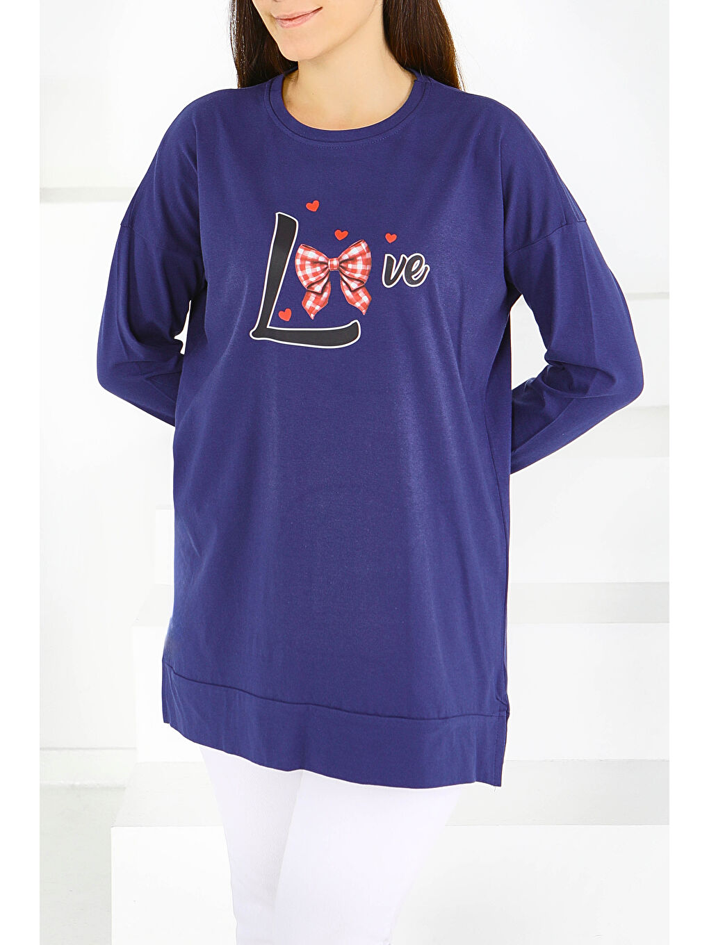 Uzun Kollu Baskılı Süprem Tunik Lacivert - 27581