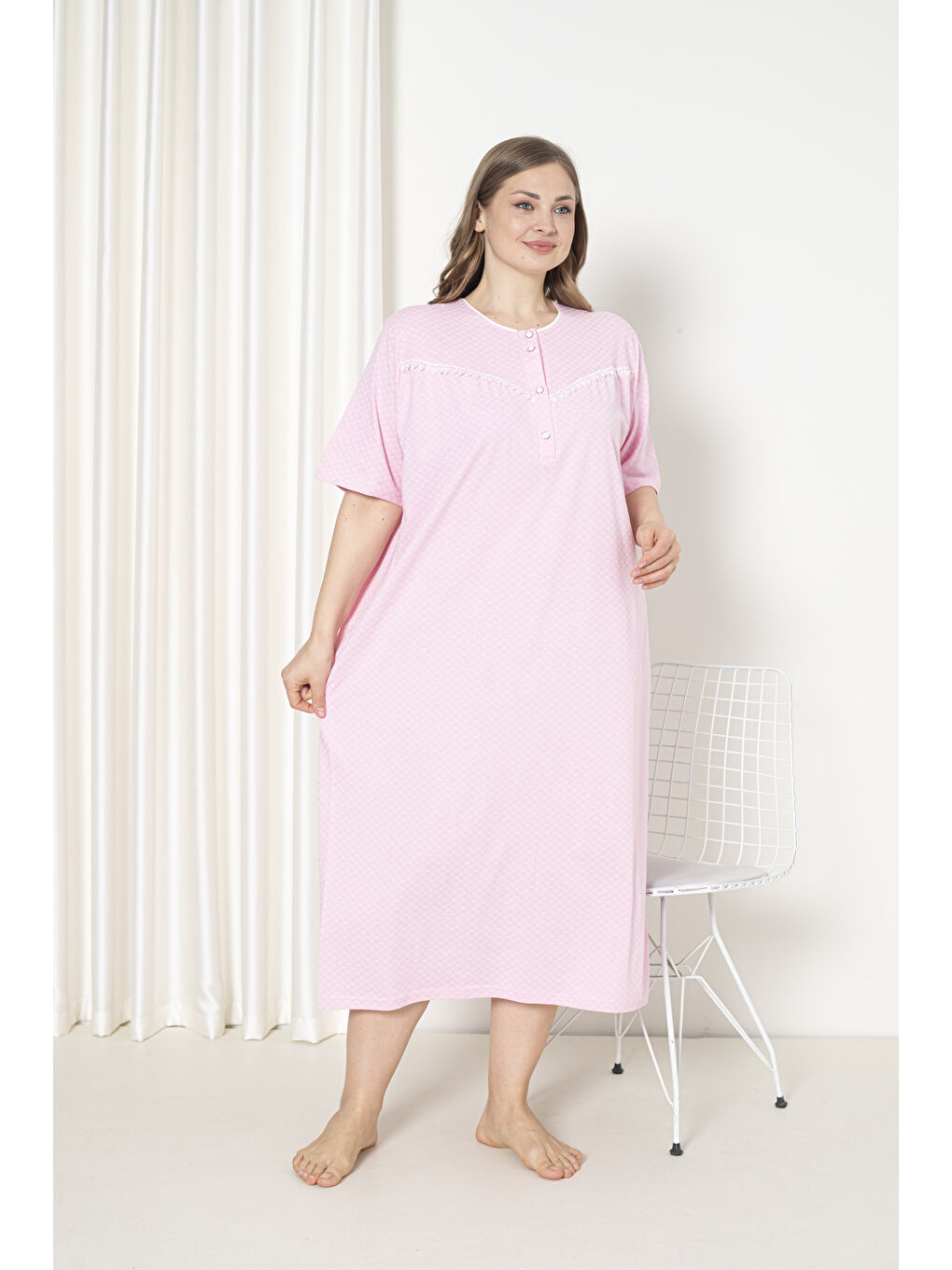 Pembe %100 Pamuklu Penye Kısa Kol Büyük Beden Anne Geceliği 051-1