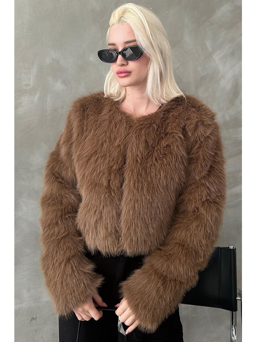 Kahverengi Bisiklet Yaka Kadın Suni Kürk Mont Mg2176