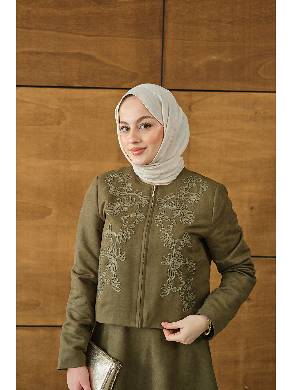 Kadın Nakışlı Nubuk Detay Takım Yeşil-1