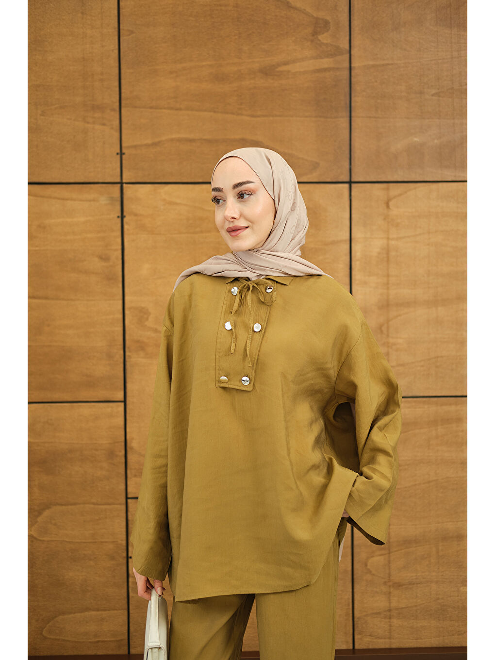 Sarı Kadın Çift Düğme Detaylı Takım Hardal-1