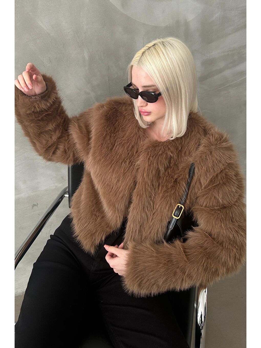 Kahverengi Bisiklet Yaka Kadın Suni Kürk Mont Mg2176-1