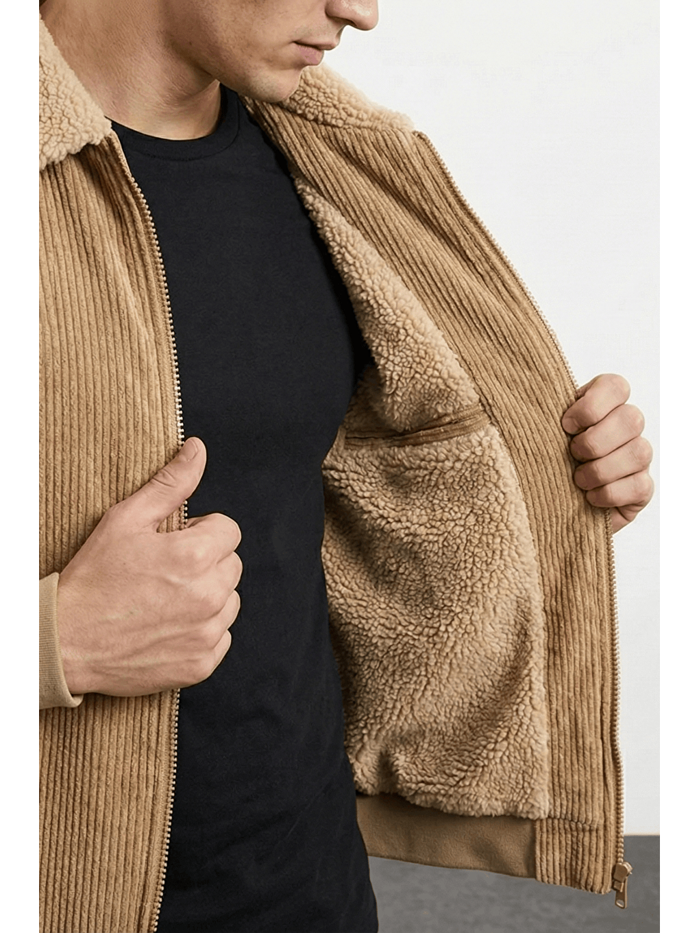 Bej Erkek Kadife Mont Pelüş Astarlı Gömlek Yaka Rüzgar Geçirmez Kadife Mont-1