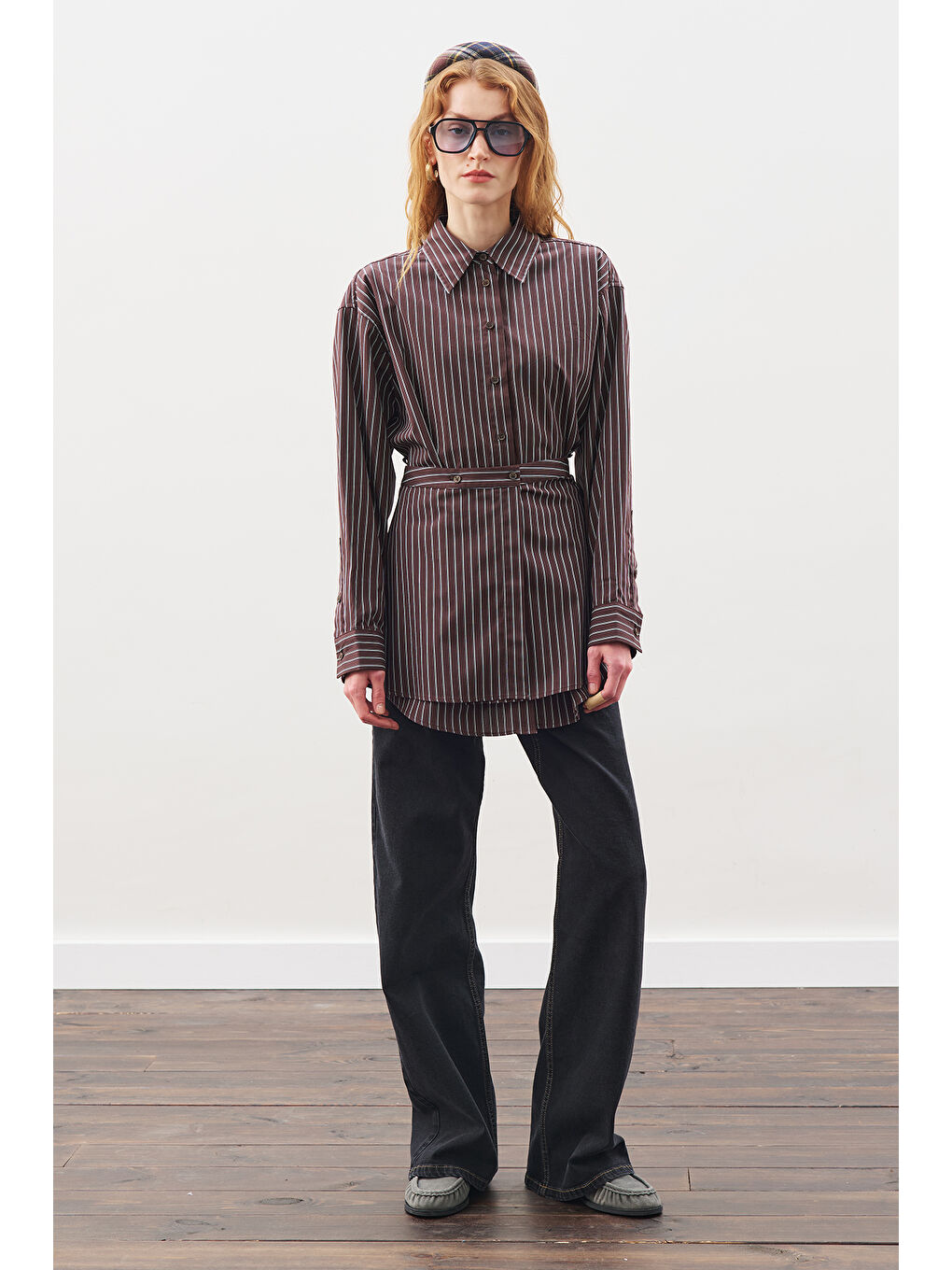 Mavi Bağlama Aksesuarlı Gömlek Kahve Çizgili-1