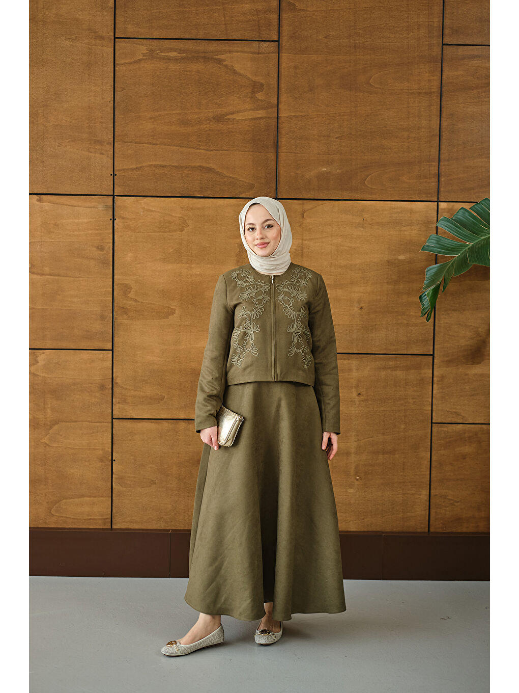Kadın Nakışlı Nubuk Detay Takım Yeşil-2