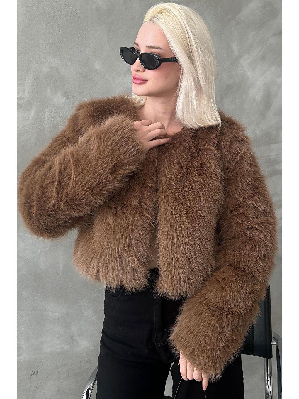 Kahverengi Bisiklet Yaka Kadın Suni Kürk Mont Mg2176-3
