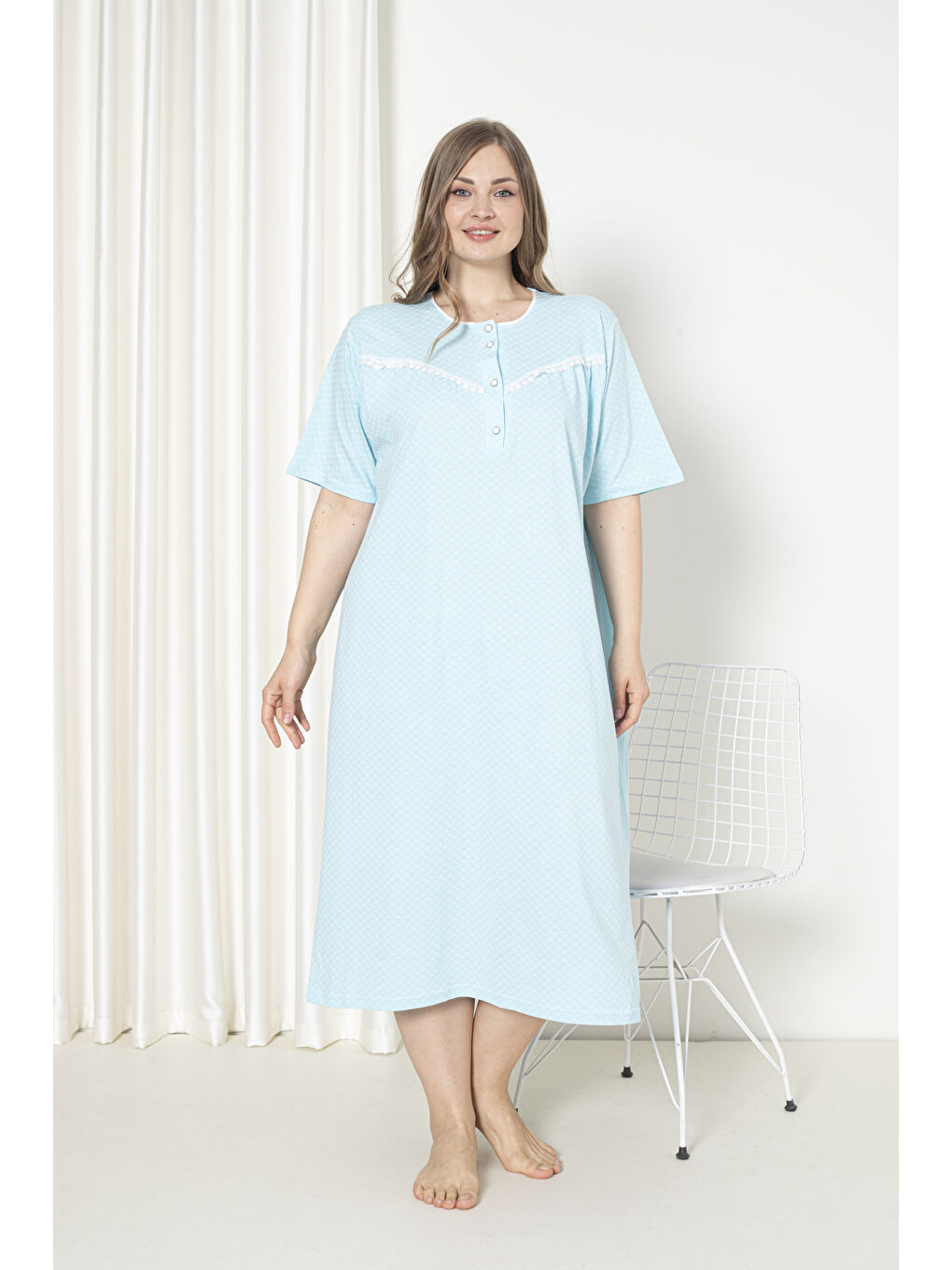 Yeşil %100 Pamuklu Penye Kısa Kol Büyük Beden Anne Geceliği 051-1