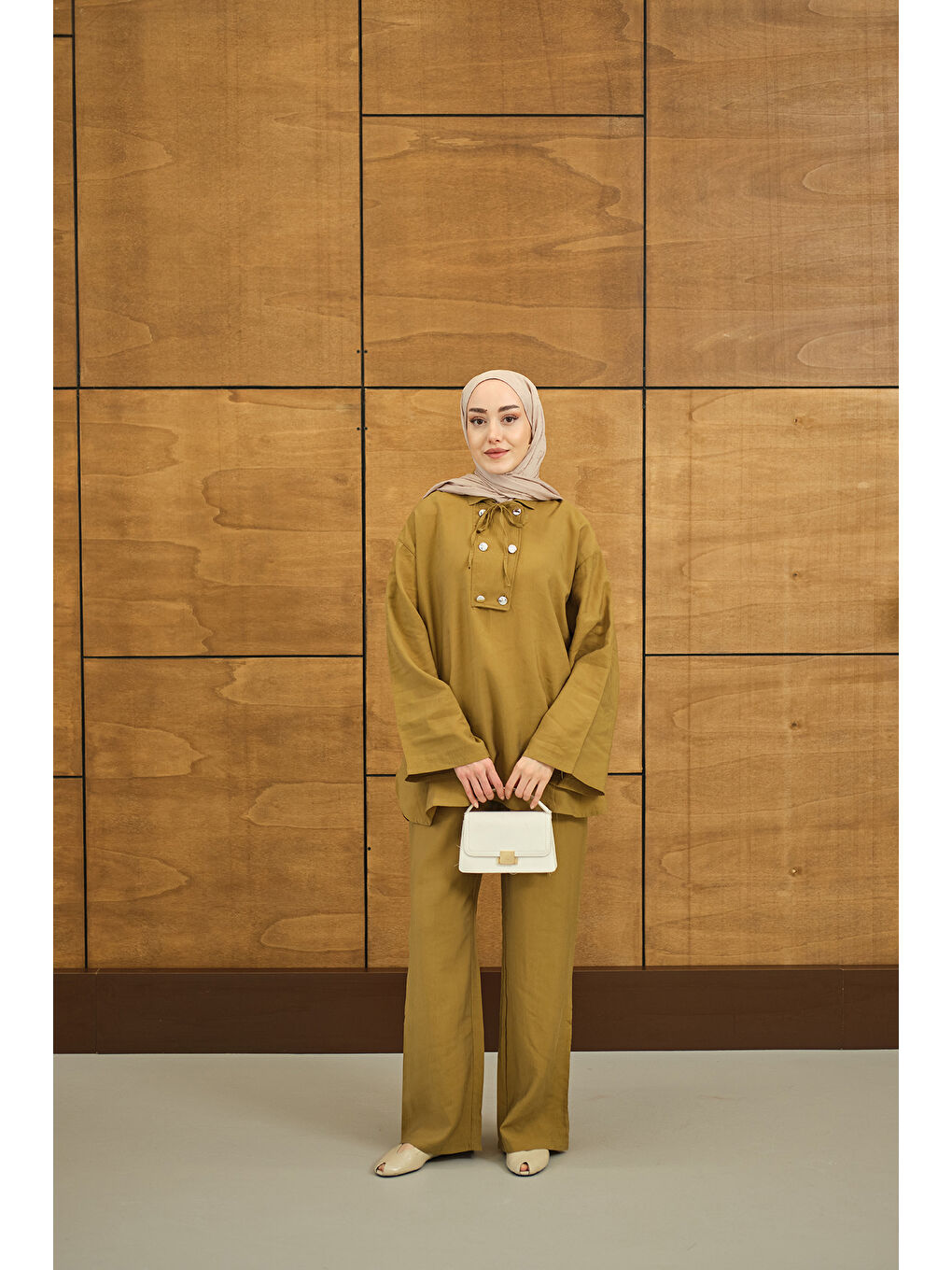 Sarı Kadın Çift Düğme Detaylı Takım Hardal-3