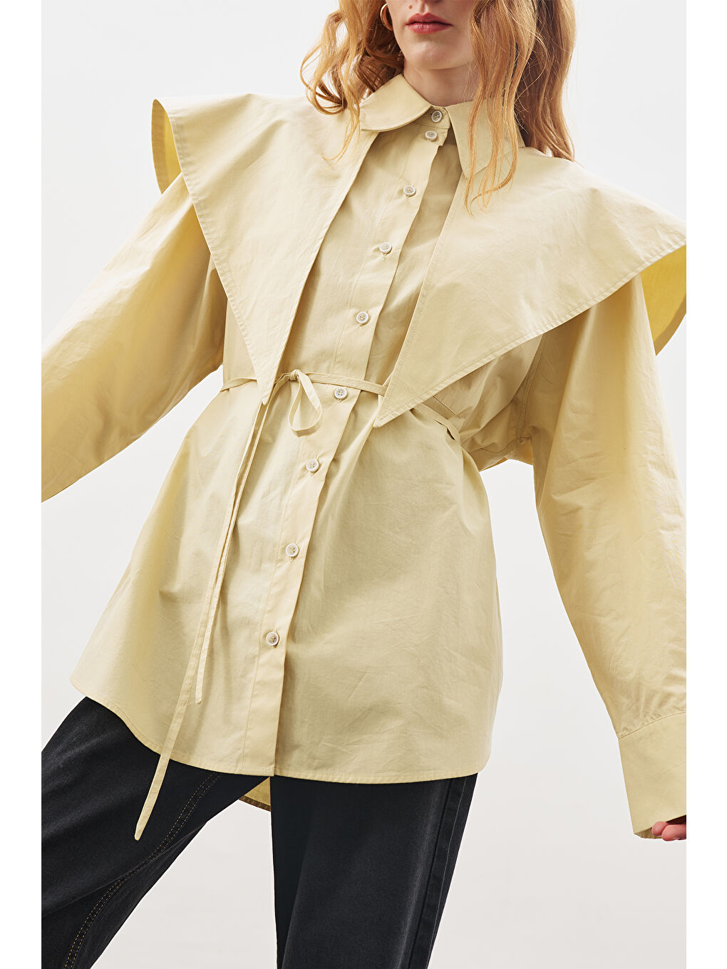 Üçgen Fularlı Oversıze Gömlek Soft Sarı-4