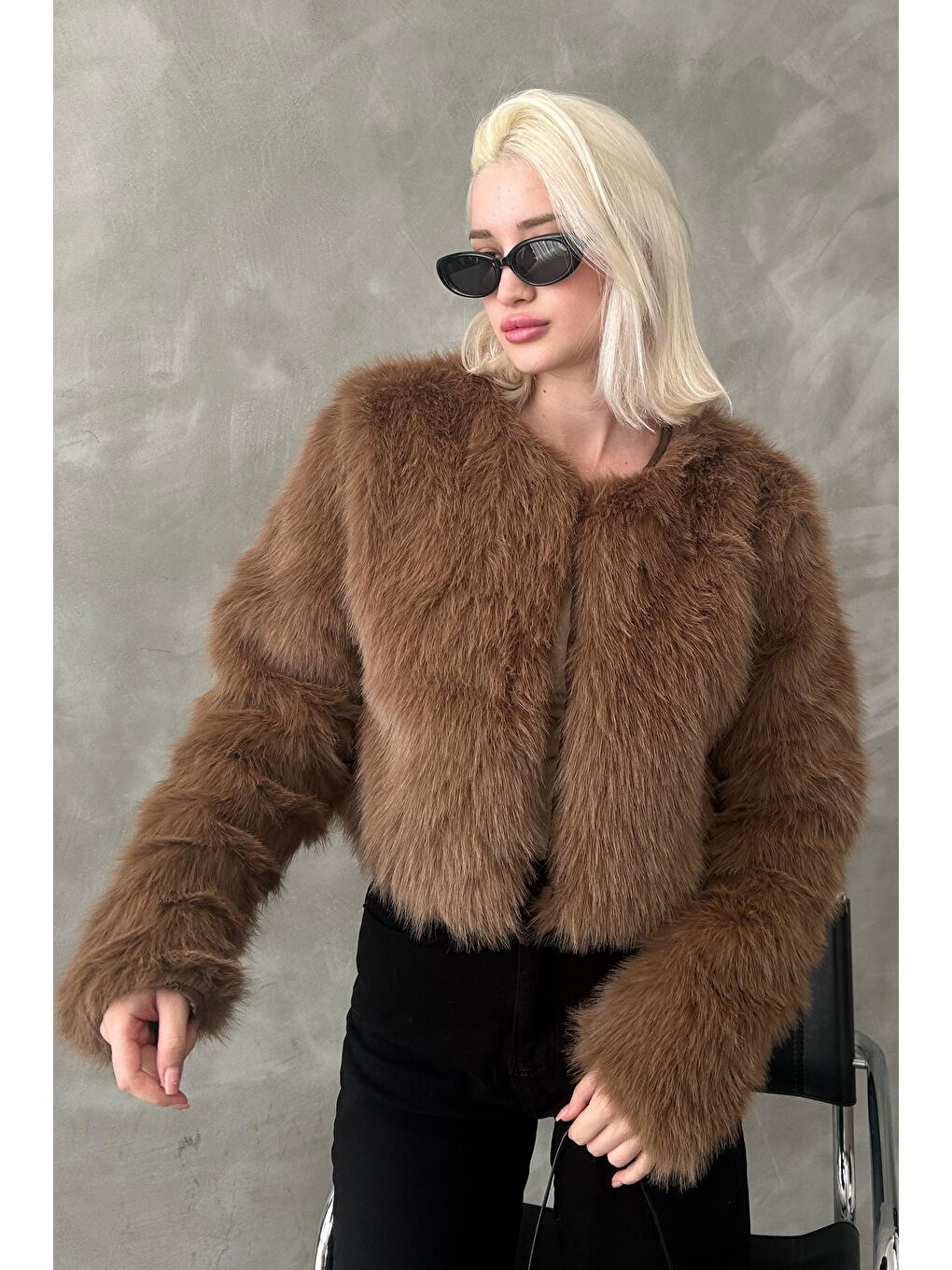 Kahverengi Bisiklet Yaka Kadın Suni Kürk Mont Mg2176-4