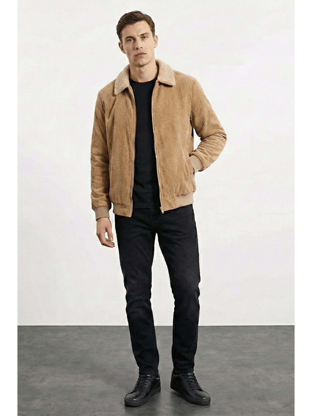 Bej Erkek Kadife Mont Pelüş Astarlı Gömlek Yaka Rüzgar Geçirmez Kadife Mont-2