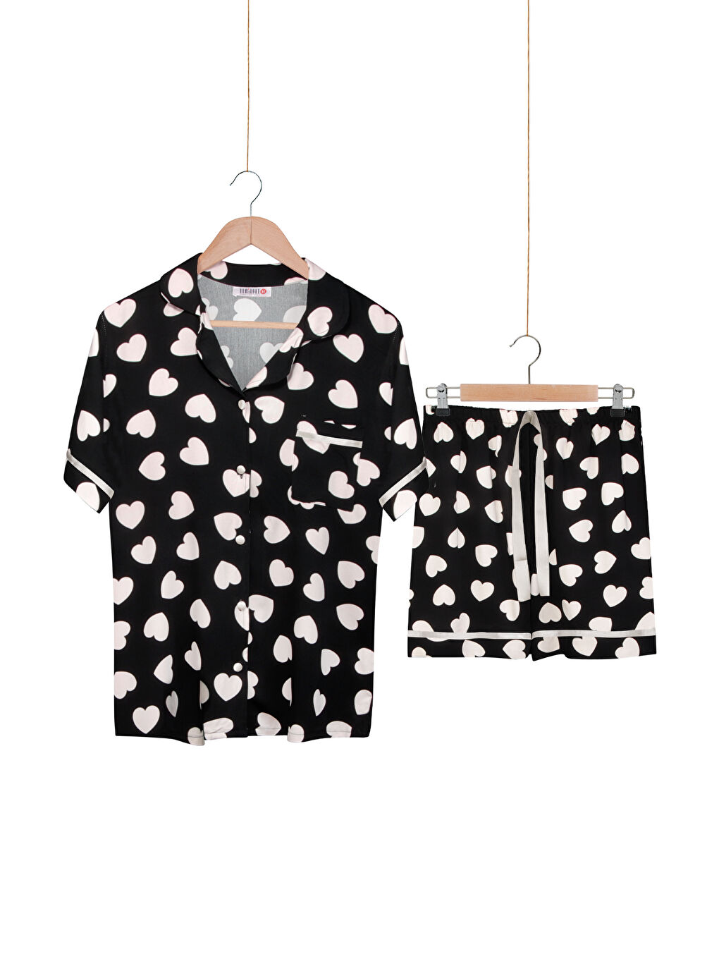 Siyah Kadın %100 Dokuma Viskon Düğmeli Şortlu Pijama Takım