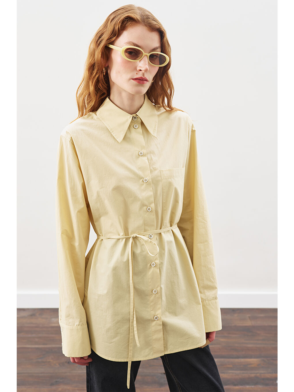 Üçgen Fularlı Oversıze Gömlek Soft Sarı-5