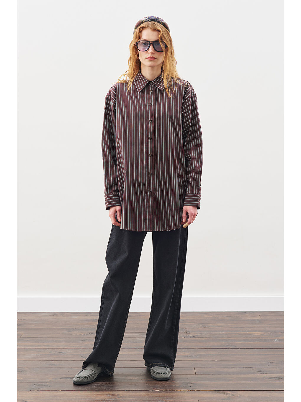 Mavi Bağlama Aksesuarlı Gömlek Kahve Çizgili-3