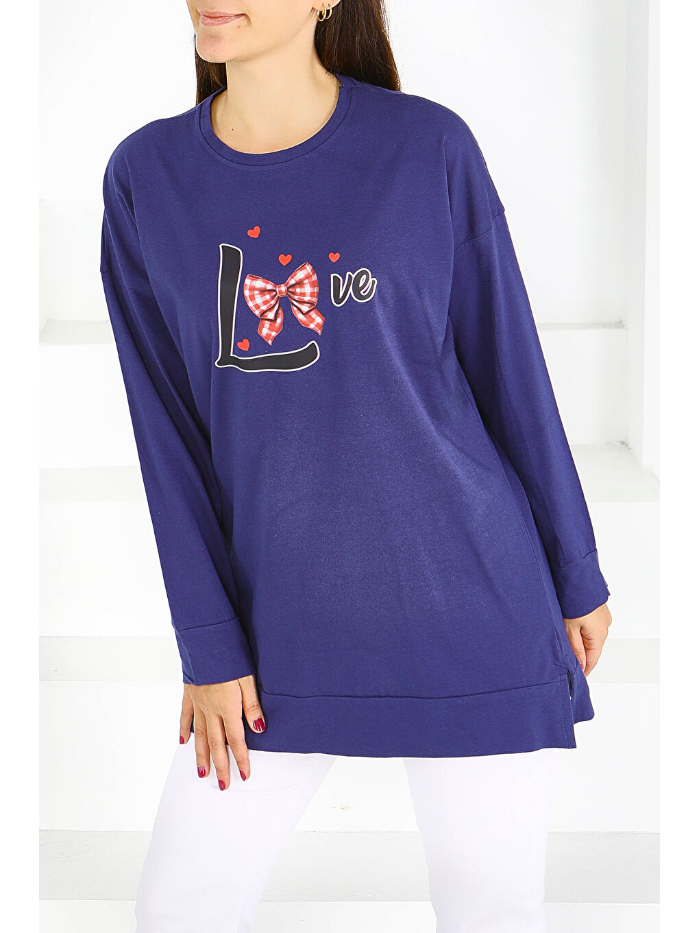 Uzun Kollu Baskılı Süprem Tunik Lacivert - 27581-1