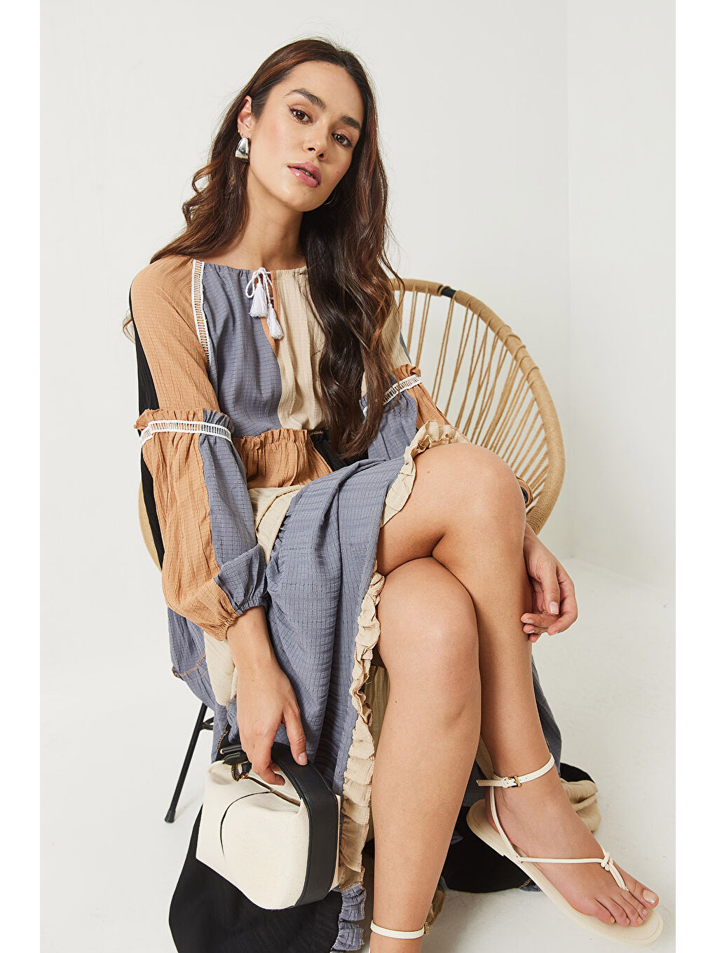 Ekru Kadın Gofre Parçalı Uzun Bohem Elbise-1