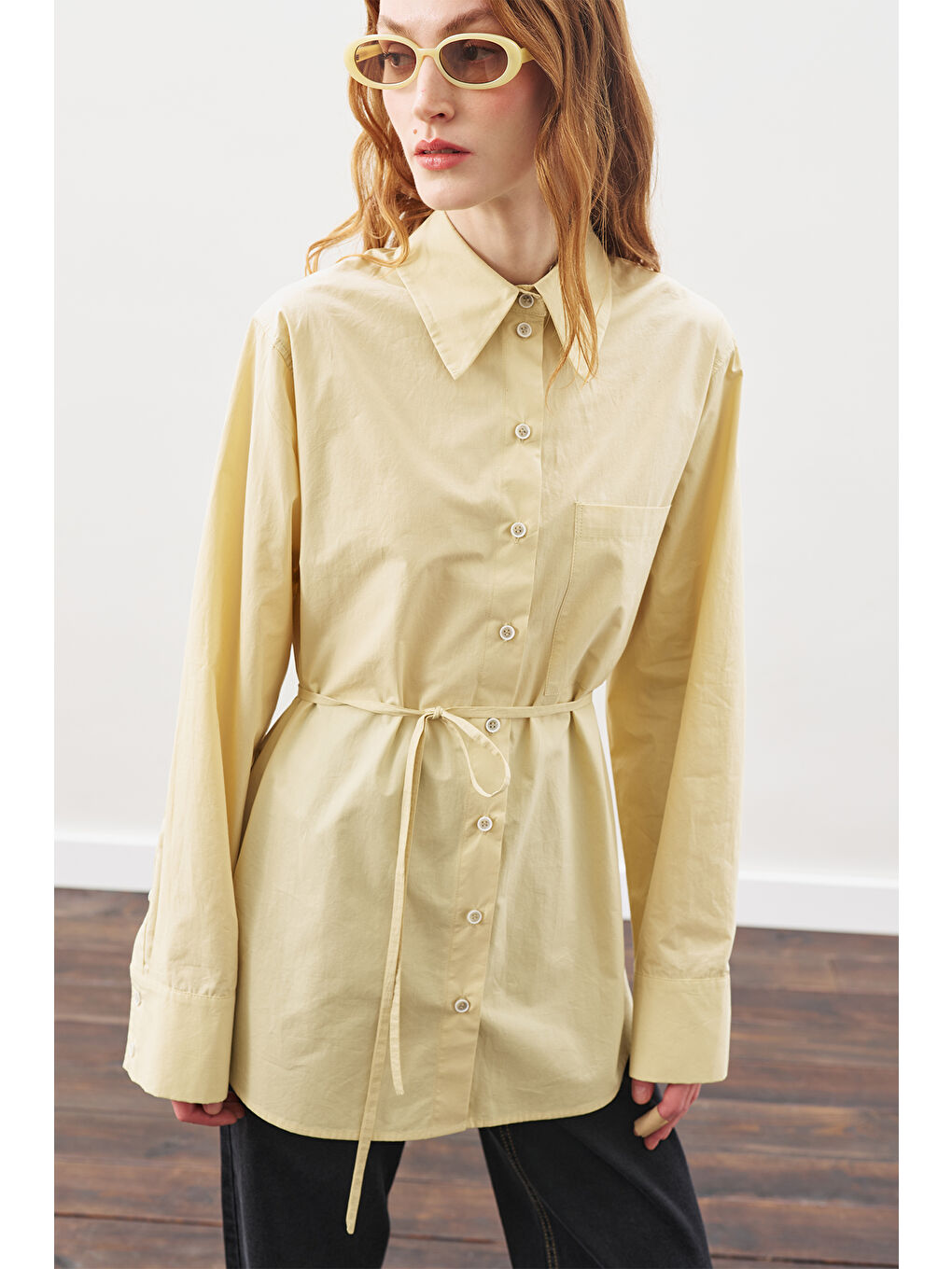 Üçgen Fularlı Oversıze Gömlek Soft Sarı-6