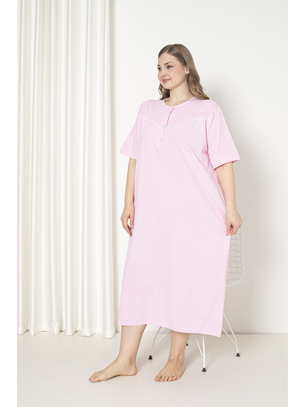 Pembe %100 Pamuklu Penye Kısa Kol Büyük Beden Anne Geceliği 051-2