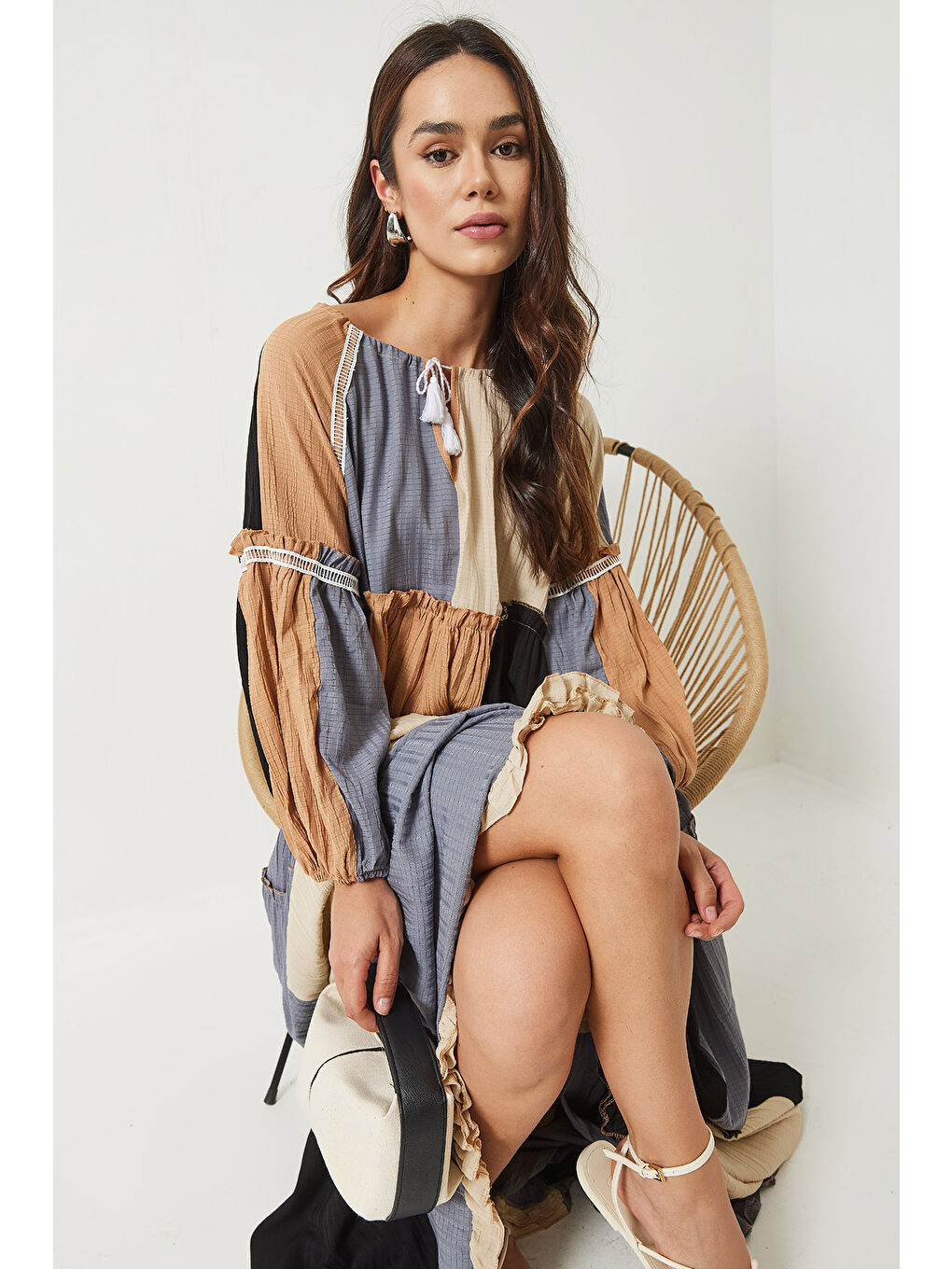 Ekru Kadın Gofre Parçalı Uzun Bohem Elbise-2