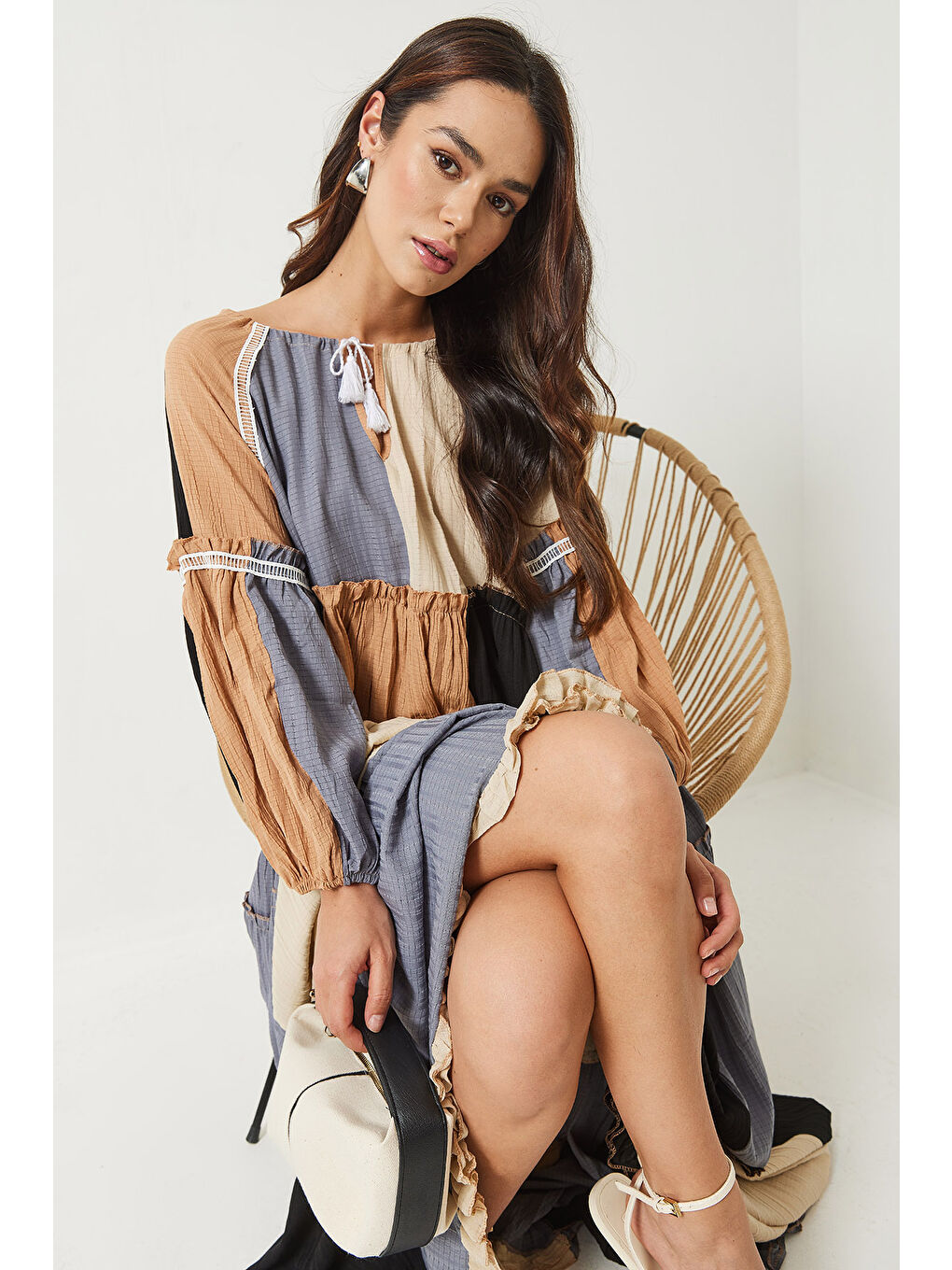 Ekru Kadın Gofre Parçalı Uzun Bohem Elbise-3