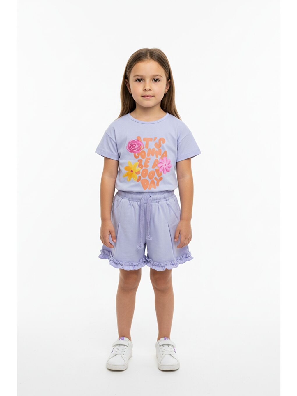 Mavi Kız Çocuk 2'li  Şortlu Takım Bisiklet Yaka Kısa Kollu Baskılı Tişört - Beli Lastikli Bağlamalı Cepl