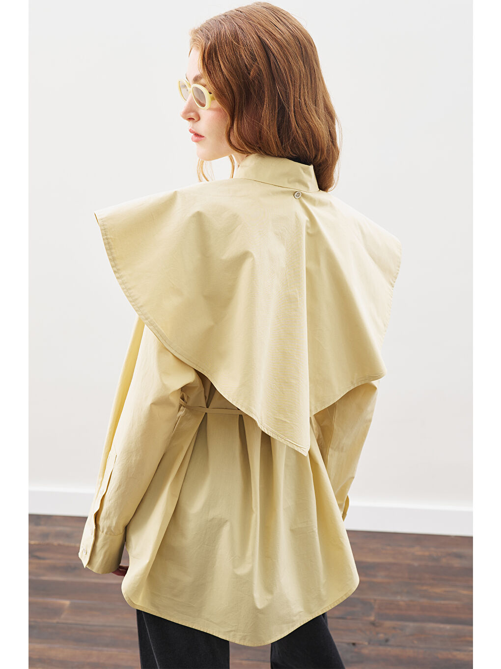 Üçgen Fularlı Oversıze Gömlek Soft Sarı-7
