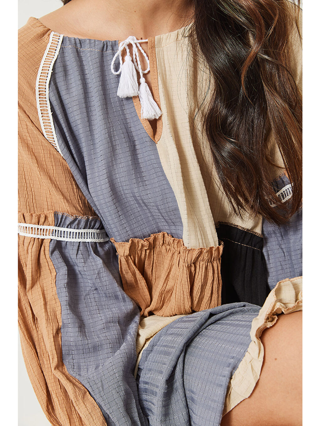 Ekru Kadın Gofre Parçalı Uzun Bohem Elbise-4