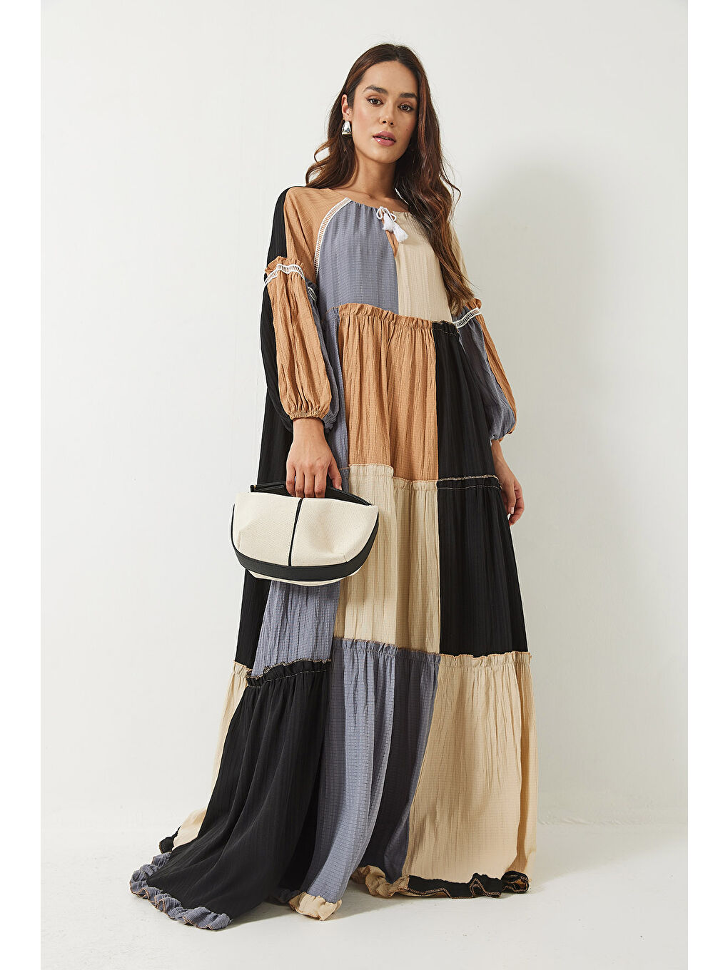 Ekru Kadın Gofre Parçalı Uzun Bohem Elbise-6