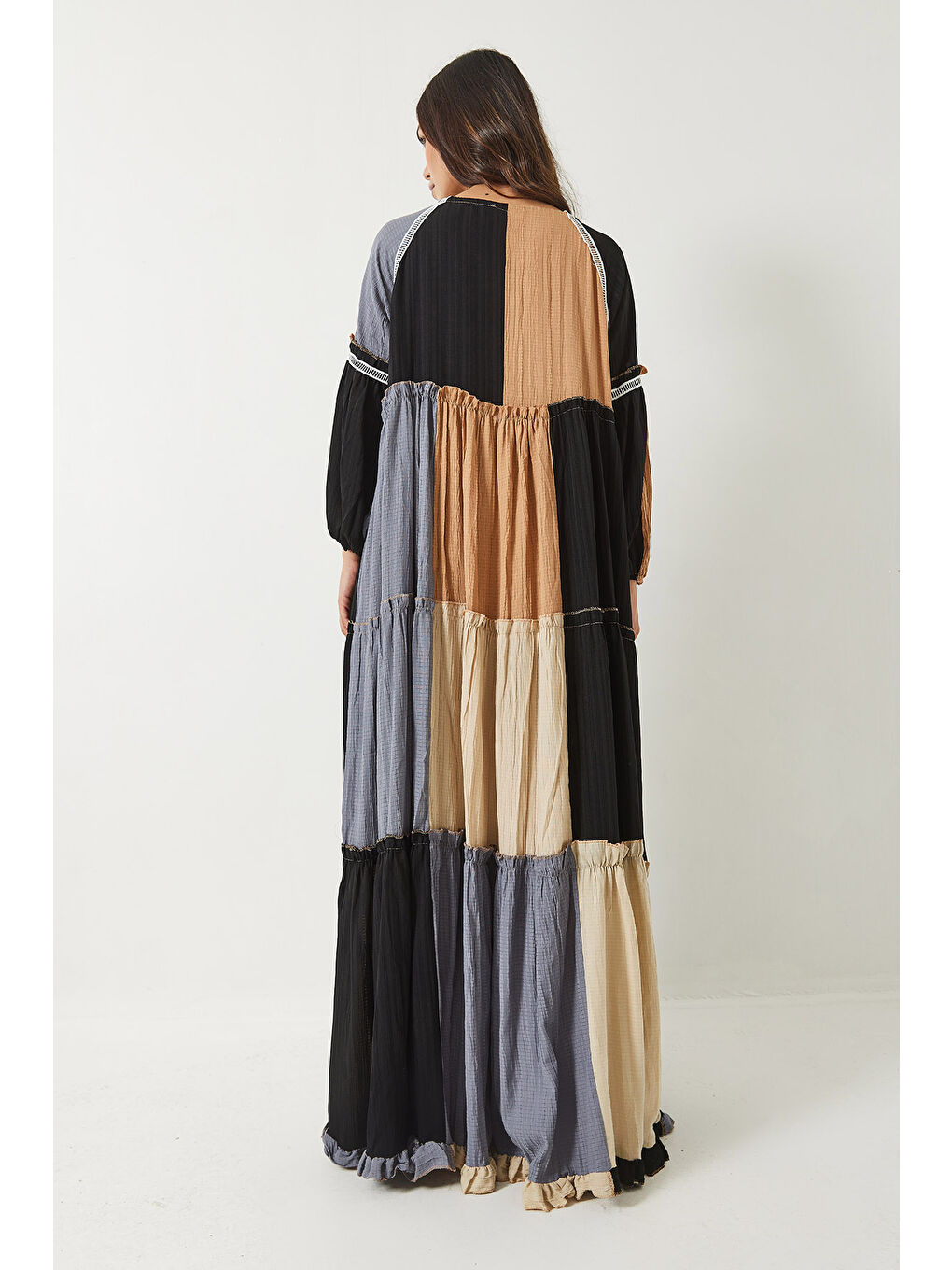 Ekru Kadın Gofre Parçalı Uzun Bohem Elbise-7