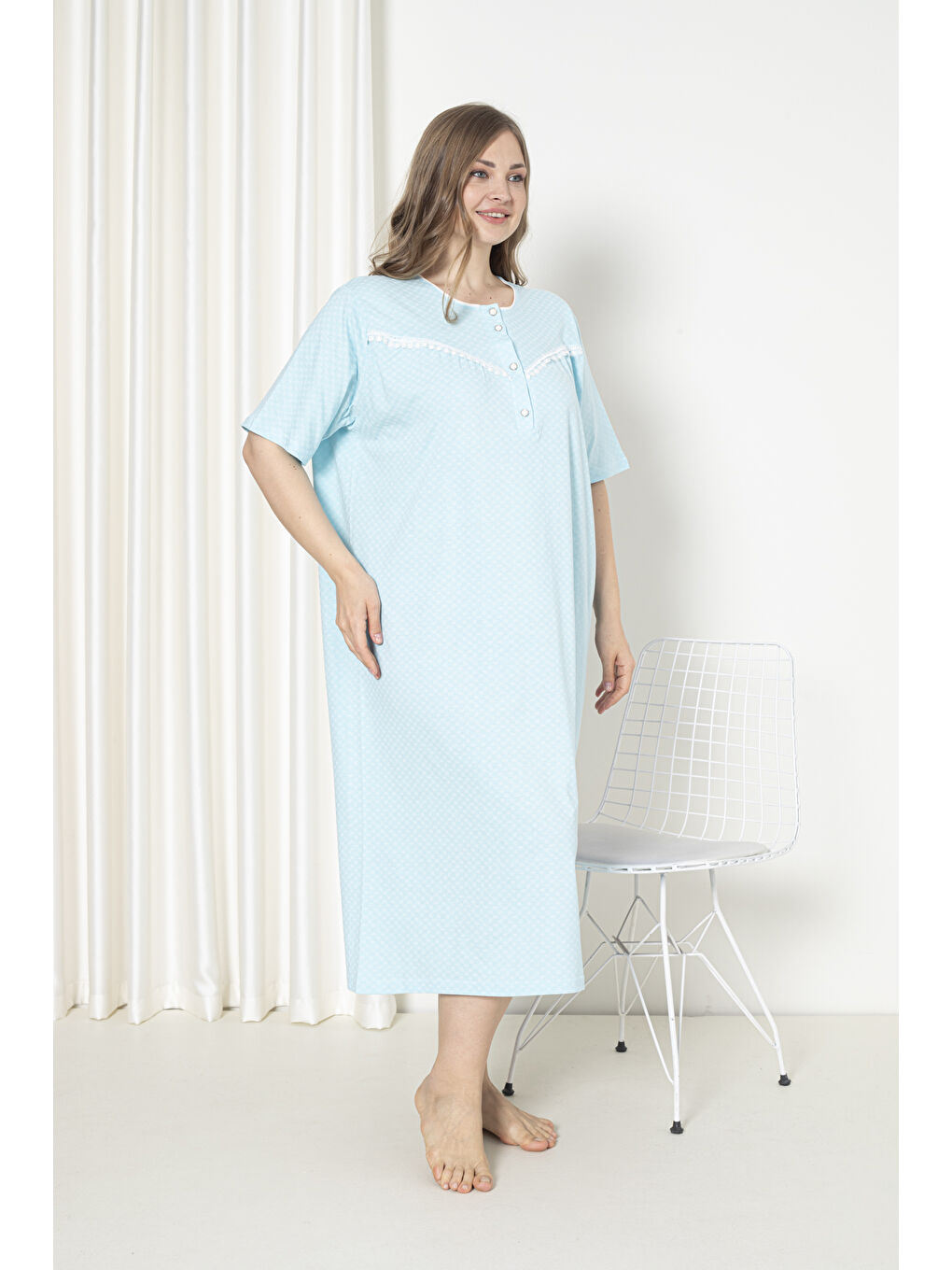 Yeşil %100 Pamuklu Penye Kısa Kol Büyük Beden Anne Geceliği 051-2