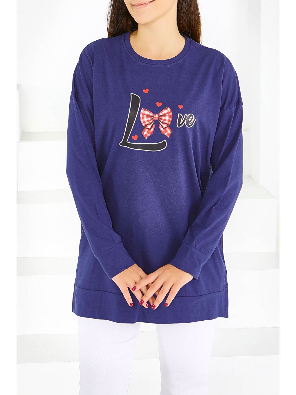 Uzun Kollu Baskılı Süprem Tunik Lacivert - 27581-2