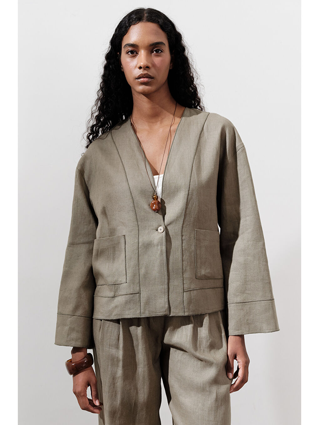 Keten Tek Düğmeli Bluz Haki-1