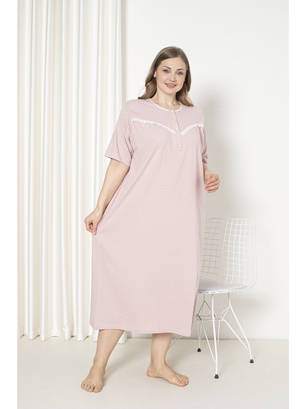 Pembe %100 Pamuklu Penye Kısa Kol Büyük Beden Anne Geceliği 051-1