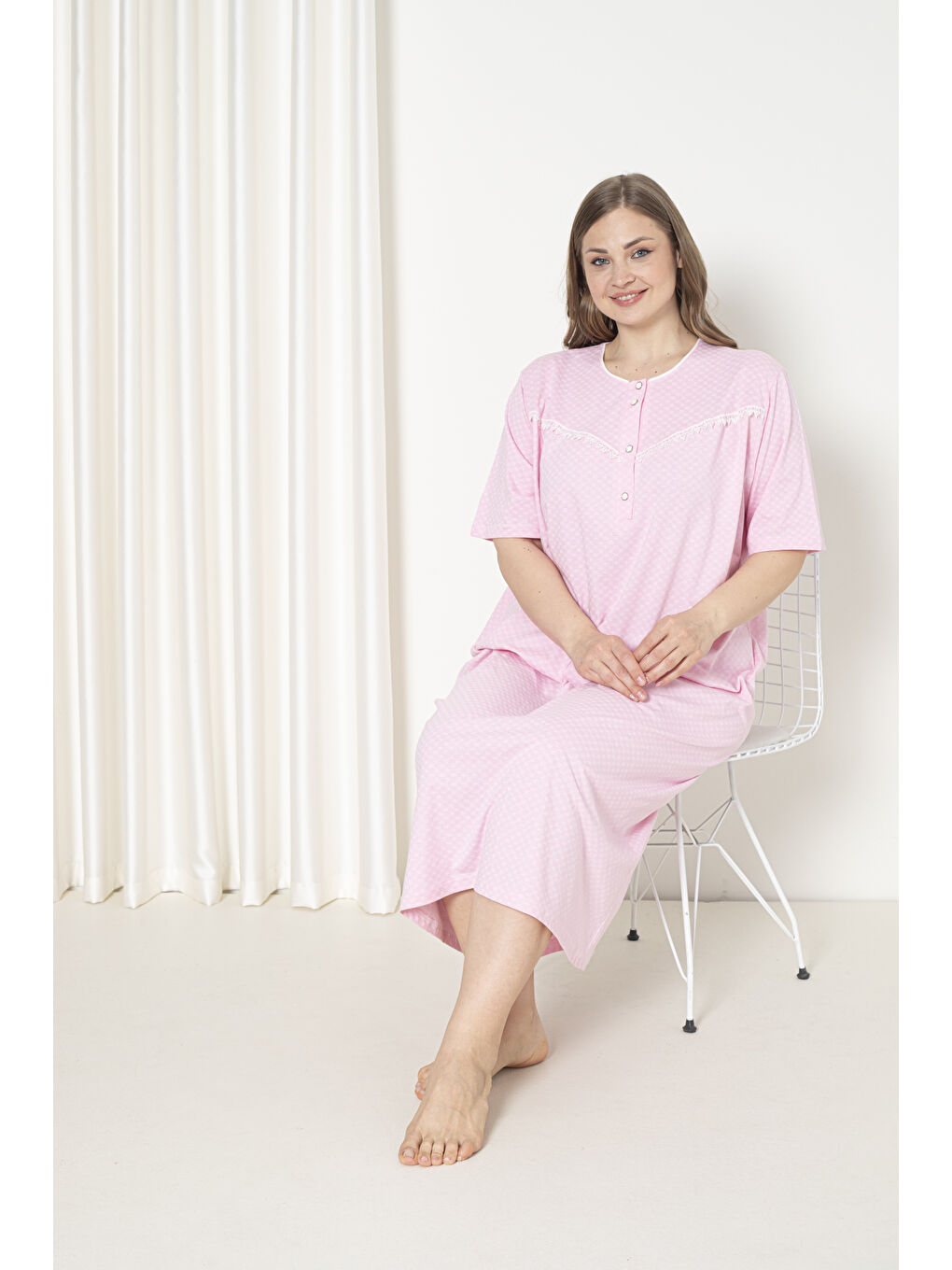Pembe %100 Pamuklu Penye Kısa Kol Büyük Beden Anne Geceliği 051-3