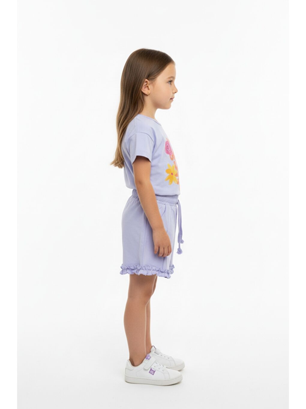 Mavi Kız Çocuk 2'li  Şortlu Takım Bisiklet Yaka Kısa Kollu Baskılı Tişört - Beli Lastikli Bağlamalı Cepl-2