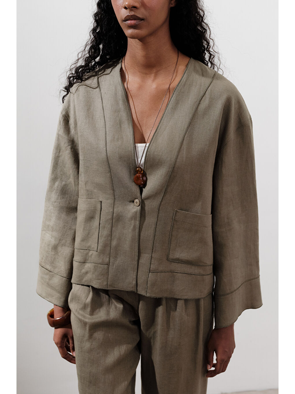 Keten Tek Düğmeli Bluz Haki-2