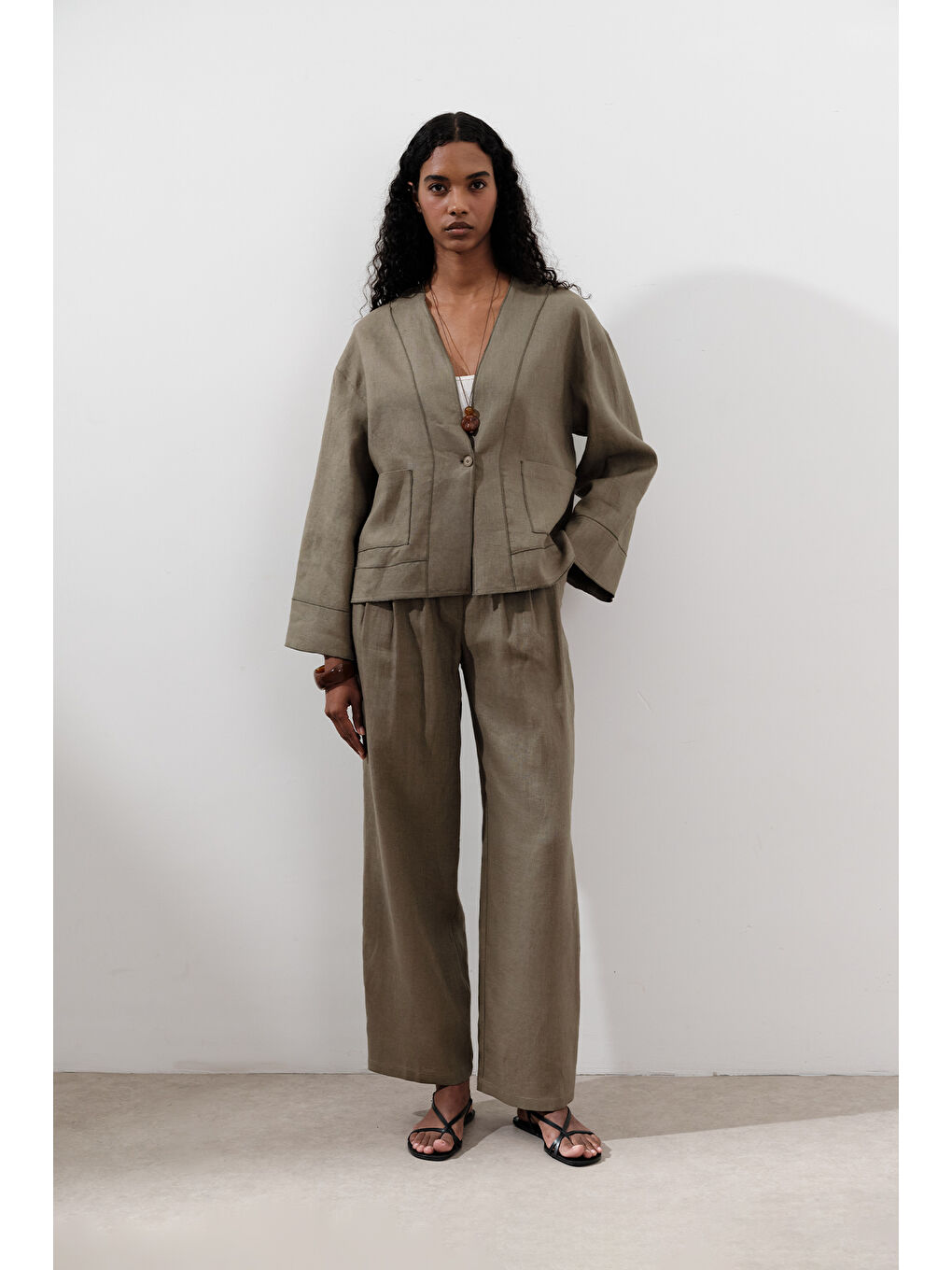 Keten Tek Düğmeli Bluz Haki-3