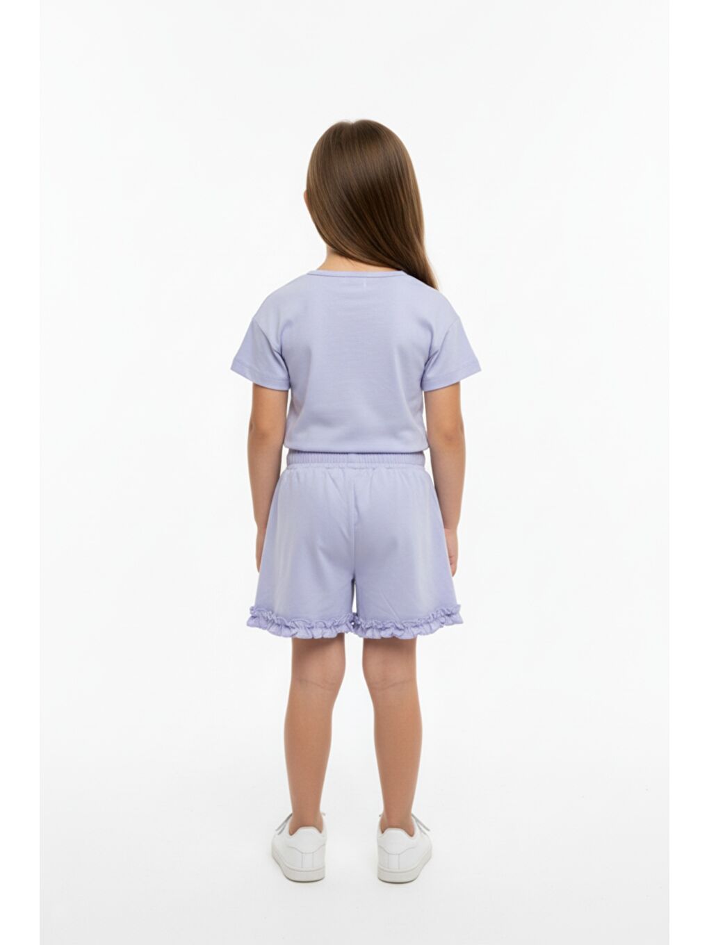 Mavi Kız Çocuk 2'li  Şortlu Takım Bisiklet Yaka Kısa Kollu Baskılı Tişört - Beli Lastikli Bağlamalı Cepl-3