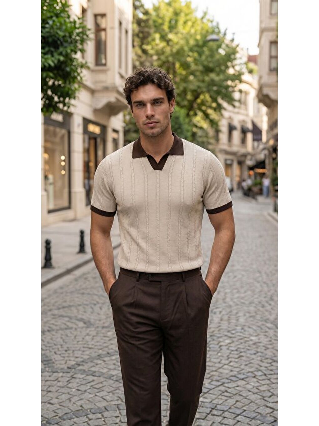 Bej Kısa Kollu Triko Tişört %100 Pamuk-3