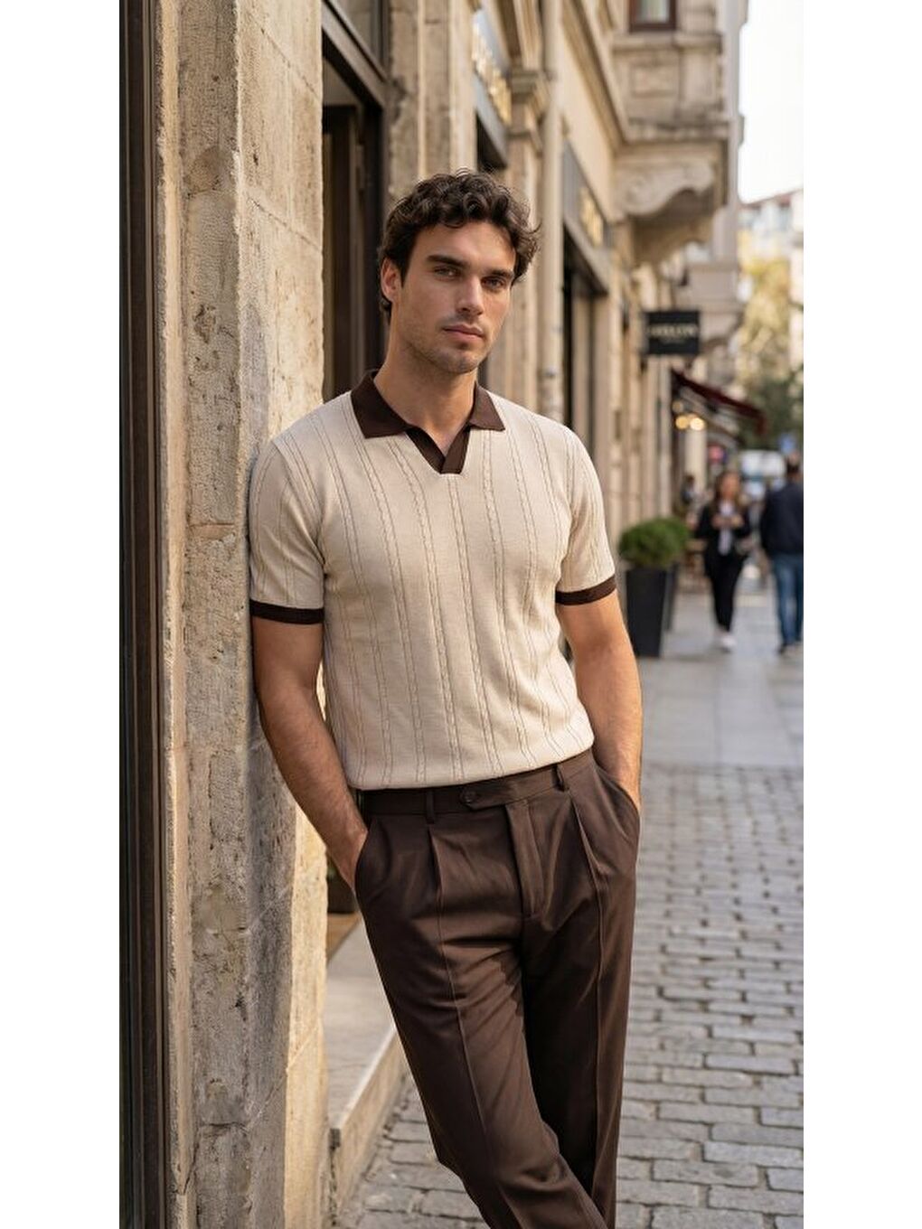 Bej Kısa Kollu Triko Tişört %100 Pamuk-4