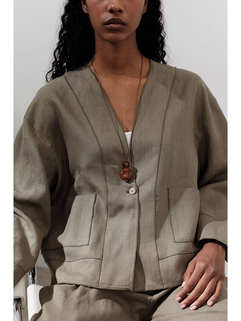 Keten Tek Düğmeli Bluz Haki-4