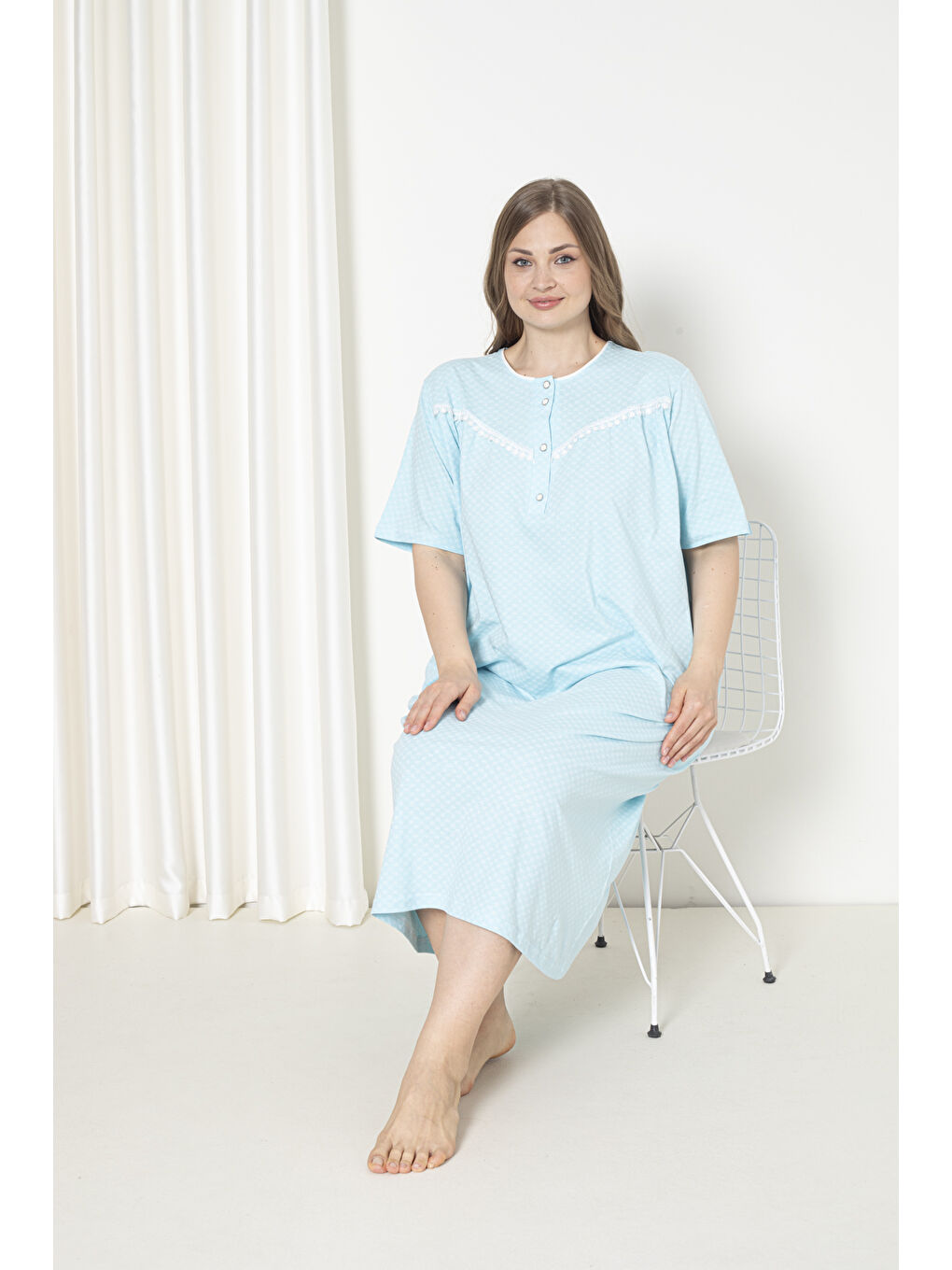 Yeşil %100 Pamuklu Penye Kısa Kol Büyük Beden Anne Geceliği 051-3