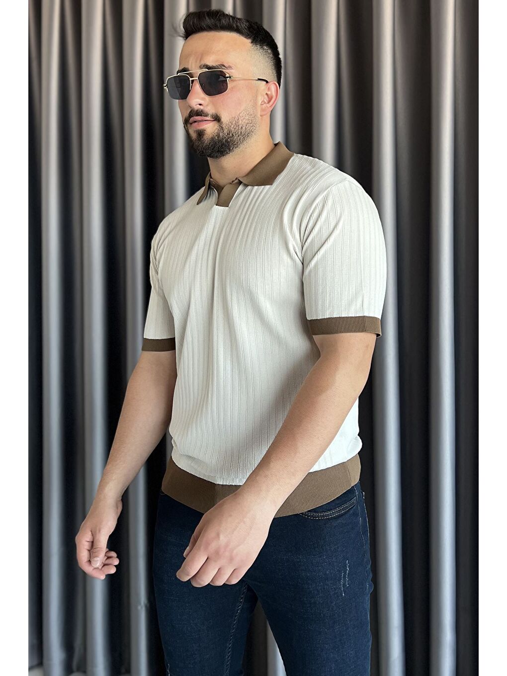 Bej Polo Yaka Çizgi Desenli Erkek Triko Tişört-1