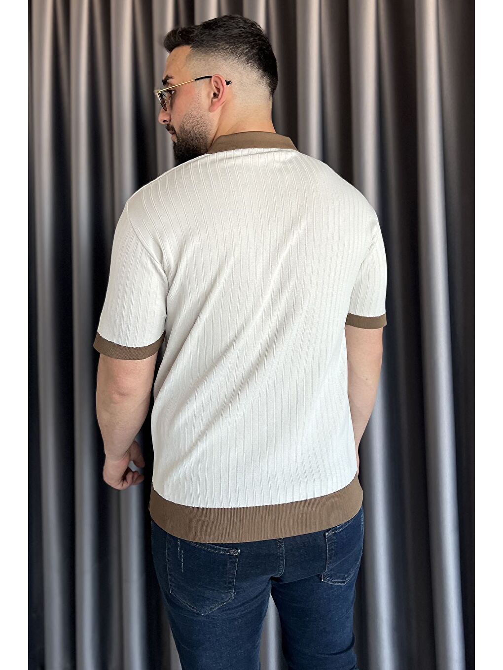 Bej Polo Yaka Çizgi Desenli Erkek Triko Tişört-2