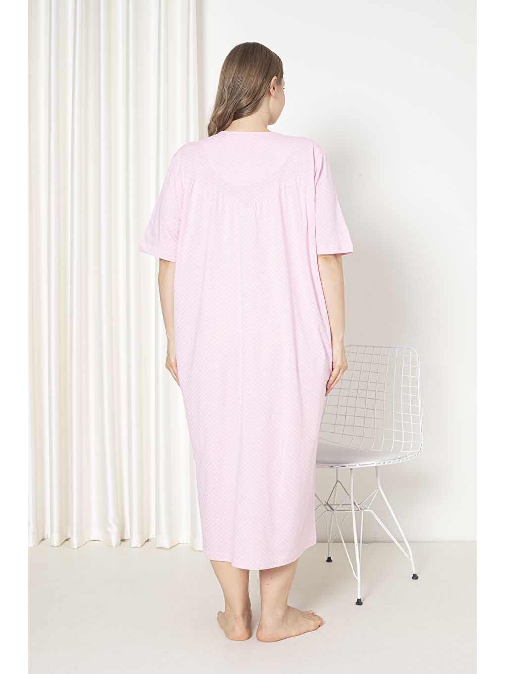 Pembe %100 Pamuklu Penye Kısa Kol Büyük Beden Anne Geceliği 051-4
