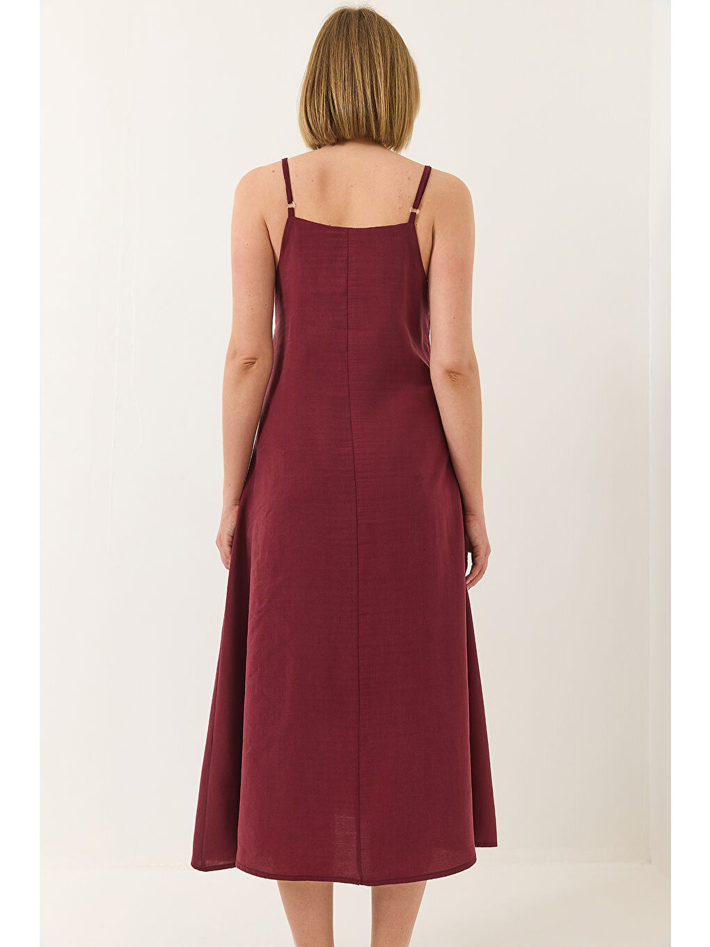 Bordo Kadın V Yaka İnce Askılı Gizli Fermuarlı Astarlı Modal Elbise-6