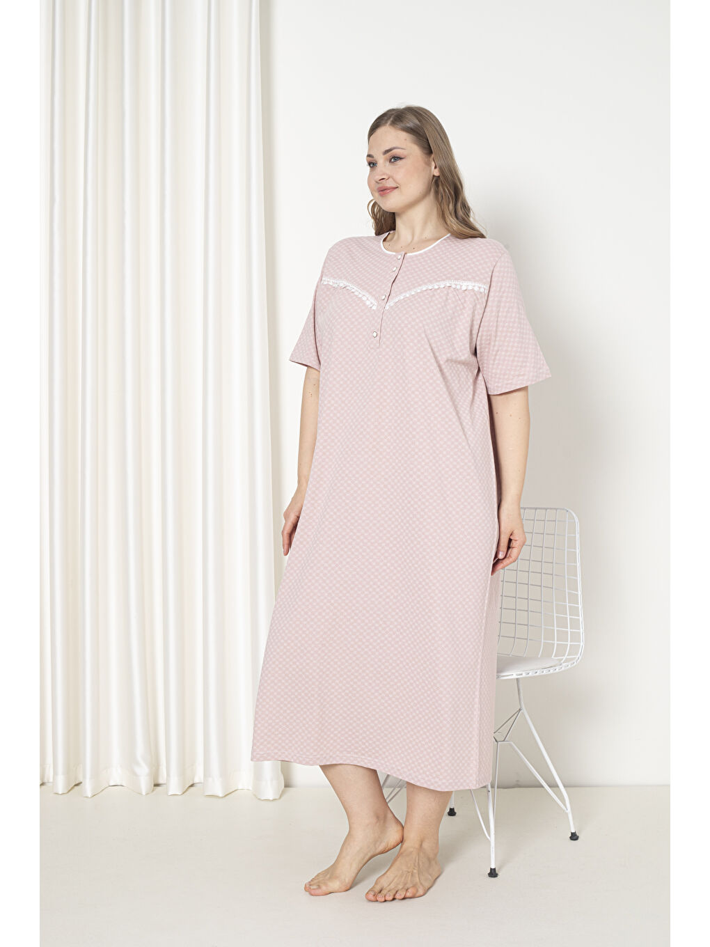 Pembe %100 Pamuklu Penye Kısa Kol Büyük Beden Anne Geceliği 051-2