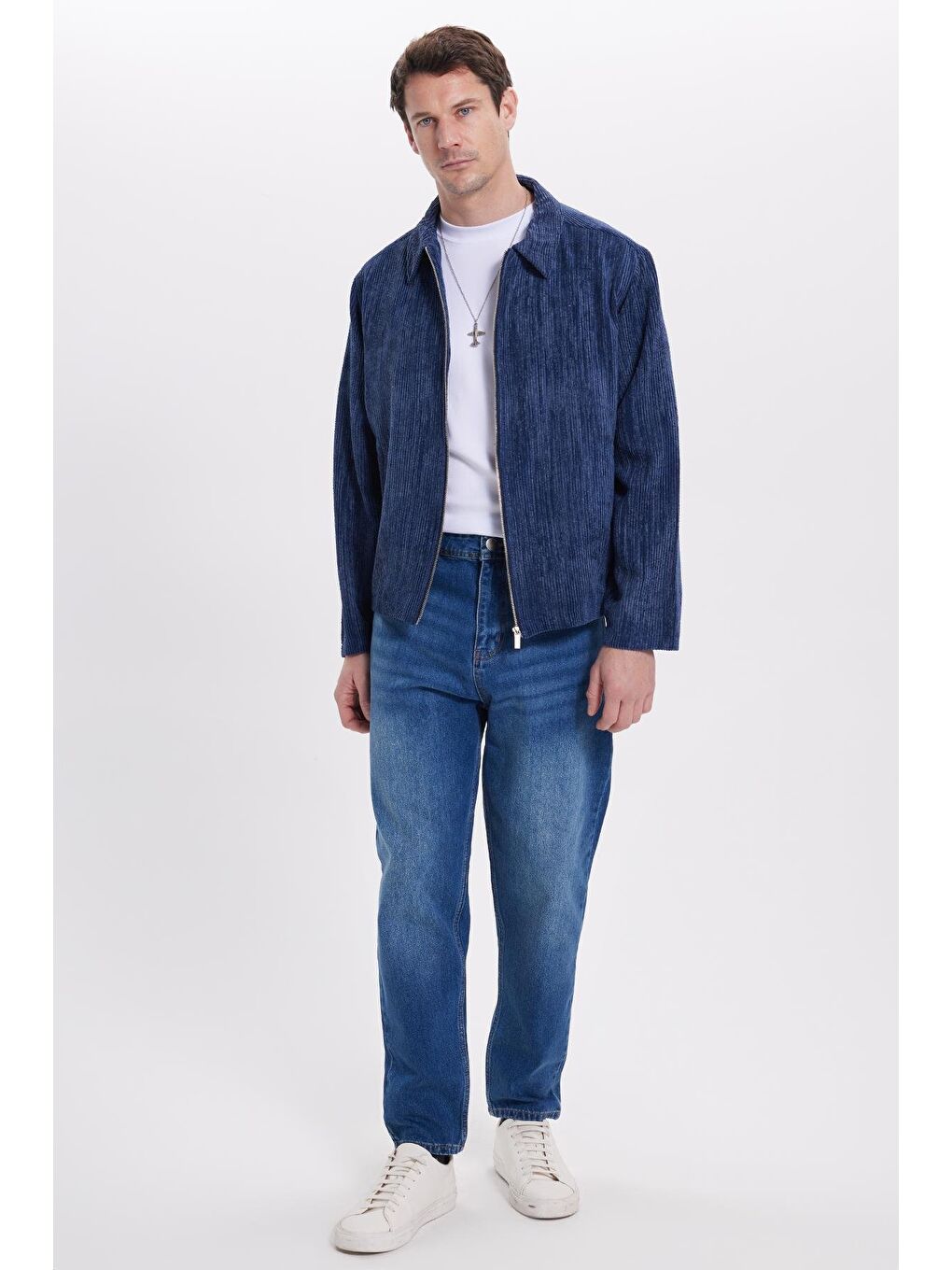 Erkek Relax Fit Rahat Kesim Fitilli Fermuarlı Astarlı Cepli Kolej İndigo Ceket Mont Gömlek-2