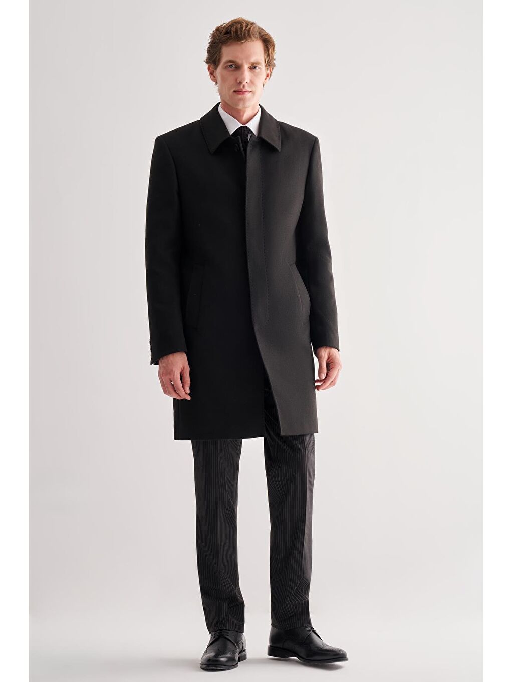 Siyah Berberi Yaka Tam Astar Classic Comfort Fit Esnek Kaşe Palto 1005255152-1