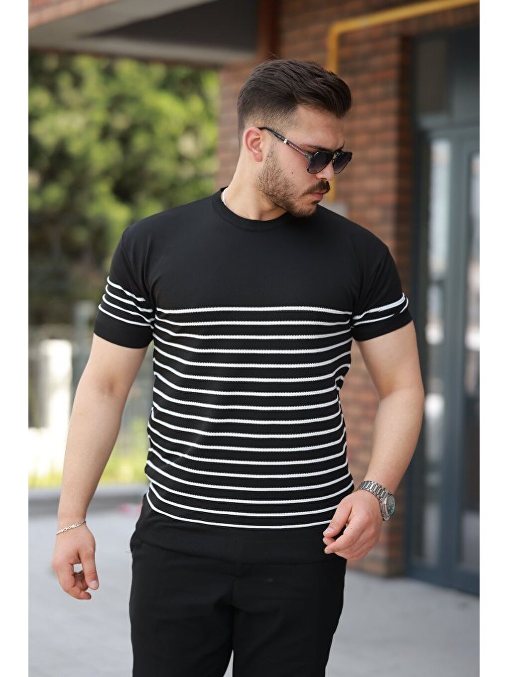Siyah Erkek çizgi Desenli Bisiklet Yaka Kısa Kollu T-sihrt